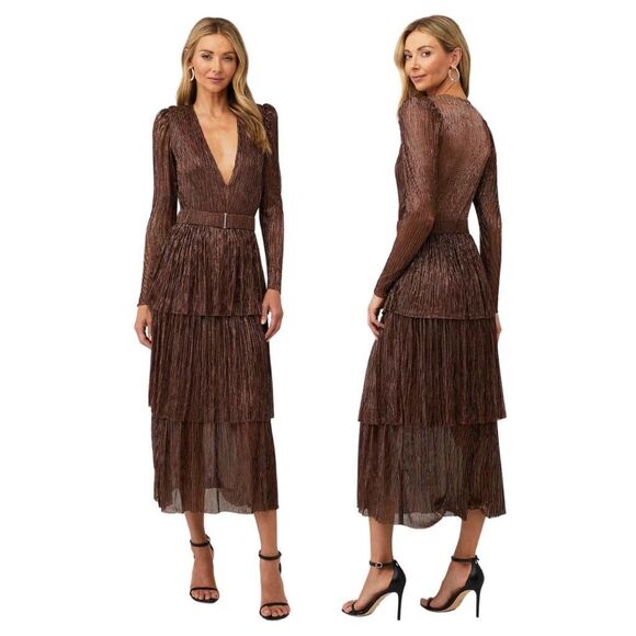 Sabina Musayev Carry Long Sleeve Bronze Metallic Tiered Midi Dress No Belt XS - Picture 1 of 11